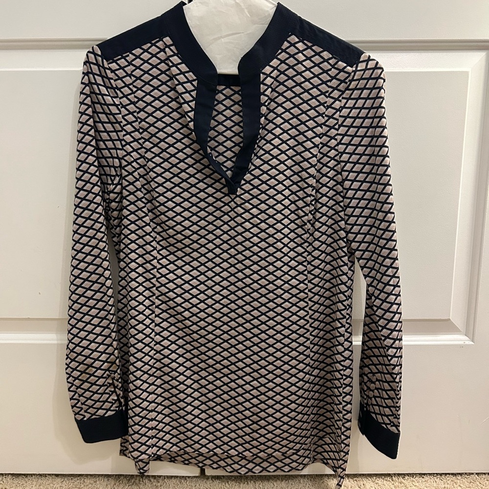 Tory Burch Navy and Cream Patterned Blouse
